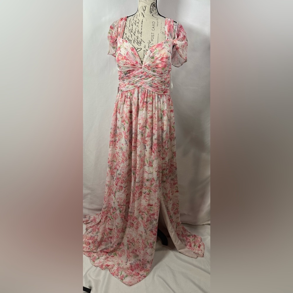 💐 💜Omari  Abstract Watercolor Floral A-Line Chiffon Dress💐 - Picture 2 of 11